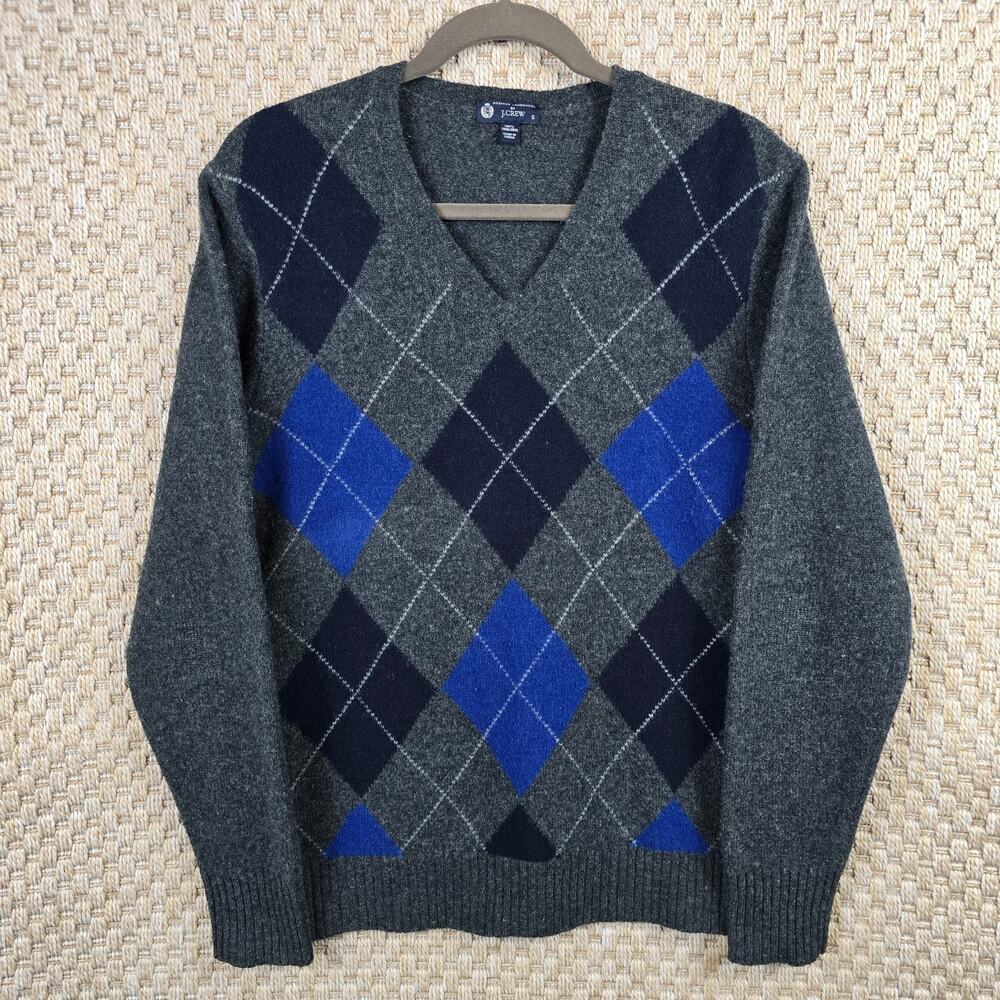 J Crew Mens Gray Argyle Premium 100% Lambs Wool Pullover V neck Preppy Holiday S